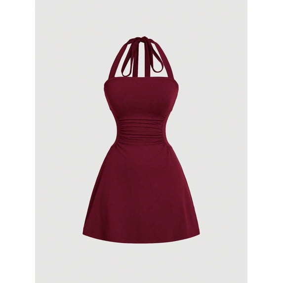 Womens Burgundy Halter Neck Ruched Waist A-Line Mini Dress