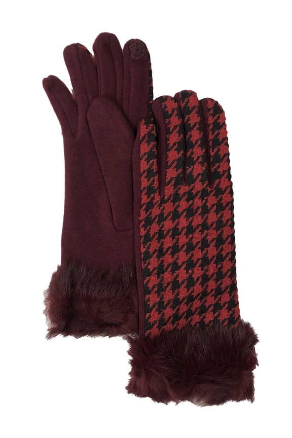 Womens Burgundy Houndstooth Faux Fur Stretch Fit Text & Tech Touchscreen Gloves