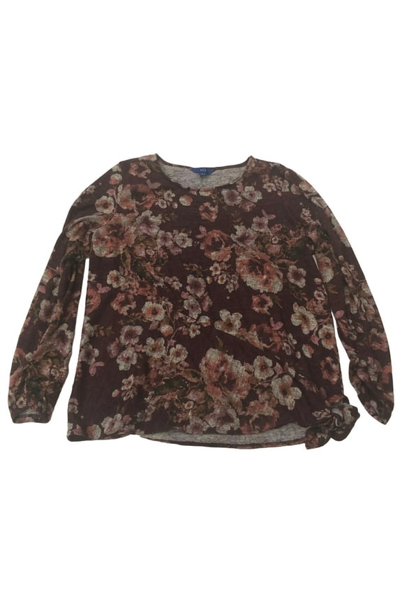 Womens Burgundy & Pink Floral Print Side Tie Blouse Shirt X-Large