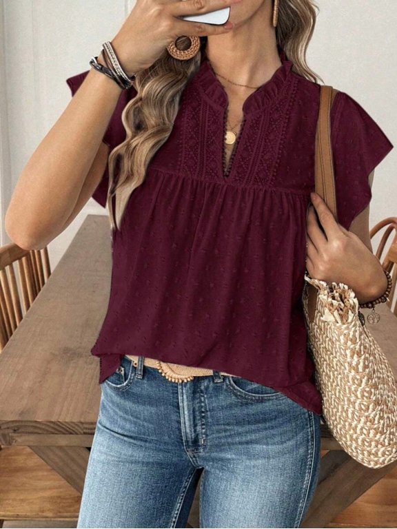 Womens Burgundy V-Neck Flutter Sleeve Blouse With Embroidered Yoke