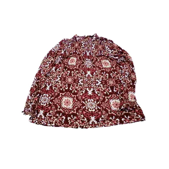 Womens Burgundy White Floral Print Ruched Long Sleeve Dressy Shirt Top S