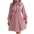 thumbnail image 1 of Womens Business Casual Bow Tie Dress Solid Color Long Sleeves Pleated Flowy Midi Dresses, 1 of 6