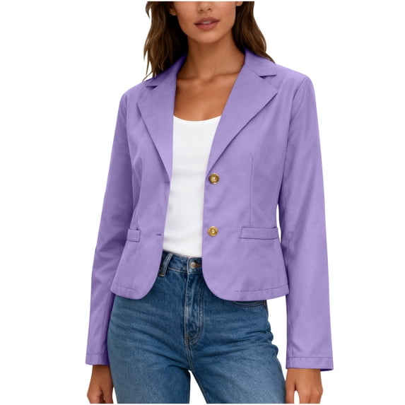 Womens Business Casual Cropped Blazer Lapel Collar Long Sleeve Work Office Suit Jacket with Buttons