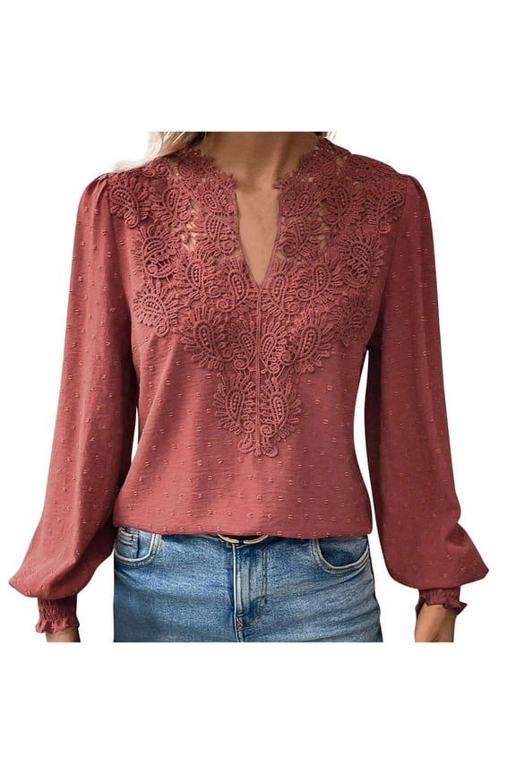 Womens Business Casual Dressy Blouses, Long Sleeve Shirts for Women Sexy Casual Lace Patchwork Solid Color V Neck T-Shirts S-2XL