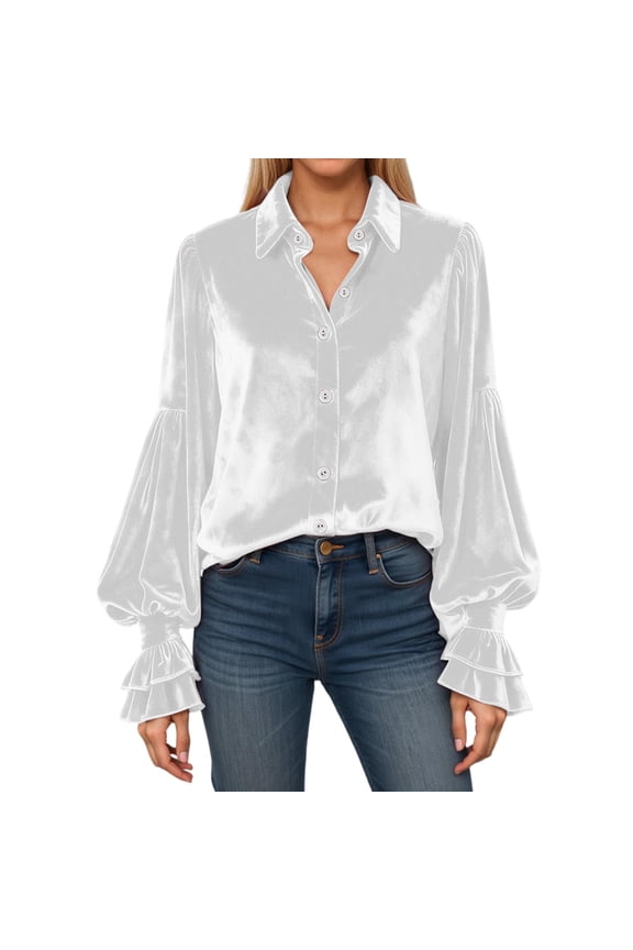 Womens Business Casual Long Sleeve Tops Velvet Puff Sleeve Ruffled Flare Cuff Blouse Button down Work Dressy Shirts Spring Summer Fashion 2026 White M