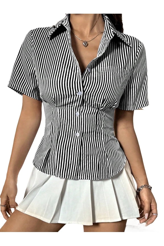 Womens Business Casual Outfits Dressy Casual Blouse Summer Button Down Peplum Tops Striped Shirts 2025 Black L