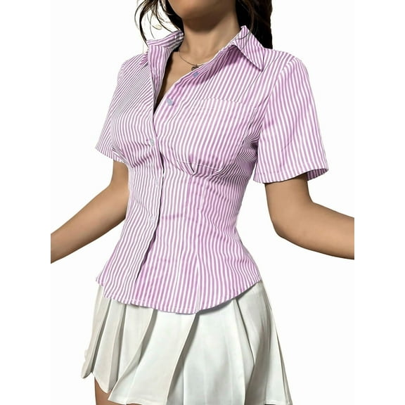 Womens Business Casual Outfits Dressy Casual Blouse Summer Button Down Peplum Tops Striped Shirts 2025 Pink XL