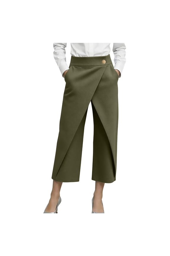 Womens Business Casual Pants Dressy High Rise Wide Leg Culottes Trousers Wrap Front Cropped Ankle Pants with Pockets for Work, Summer Fall,Olive Green,S