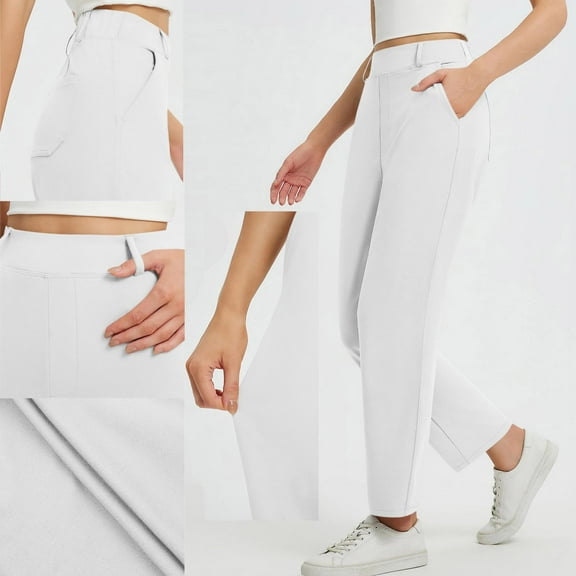Womens Business Casual Pants Stretch Travel Airport Lightweight Sweatpants Work Pull on Trouser with Pockets New Womens Casual Pants High Waist White M