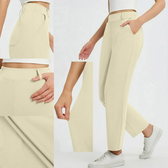 Womens Business Casual Pants Stretch Travel Airport Lightweight Sweatpants Work Pull on Trouser with Pockets New Baggy Cargo Pants for Women Beige L