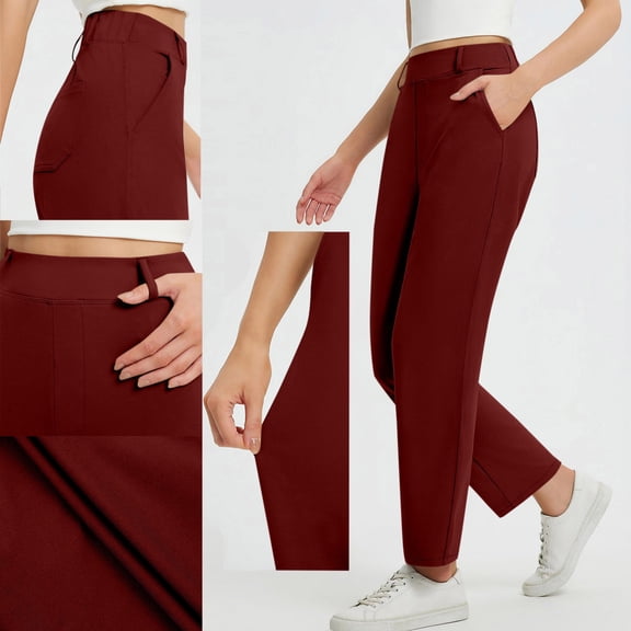 Womens Business Casual Pants Stretch Travel Airport Lightweight Sweatpants Work Pull on Trouser with Pockets New Travel Pants Women Wine M