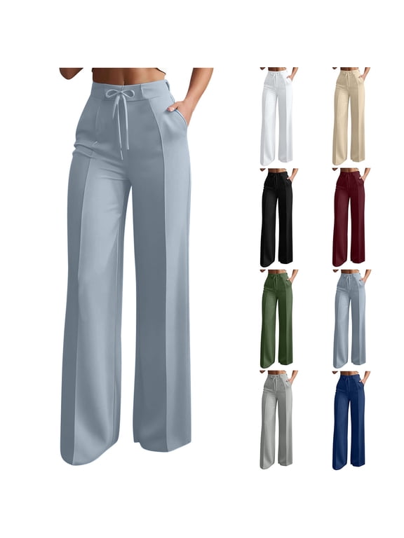 Womens Business Casual Pants Wide Leg High Waisted Dress Pants Drawstring Straight Leg Comfy Office Trousers with Pockets