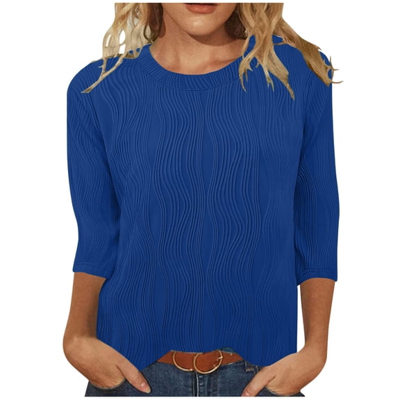 Womens Business Casual Tops Dressy 3/4 Length Sleeve Round Neck T-Shirts Textured Solid Color Basic Loose Comfy Office Work Pullover Blouses