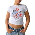thumbnail image 1 of Womens Business Casual Tops Fashion Graphic Print Cropped Short Sleeve Round Neck Beach Vacation Clothes for Women,White,M, 1 of 3