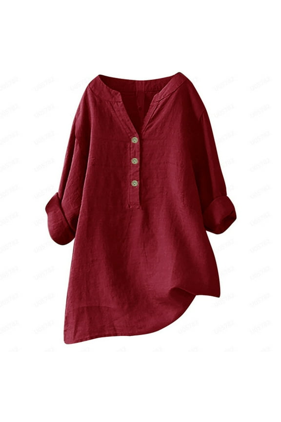 Womens Business Casual Tops Loose Button Down Stand Solid Sleeve Long Beach Vacation Clothes for Womens,Wine,M