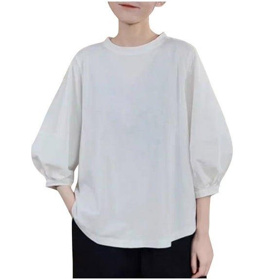 Womens Business Casual Tops New Ladies' Loose and Spring and Summer Lantern Sleeves 3/4 Quarter Sleeves Round Neck White L