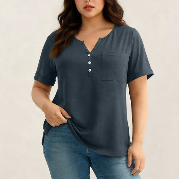 Womens Business Casual Tops New Women's Plus Size V-Neck Pocket Tee in Soft with Button Placket Style B-50 Navy XXL
