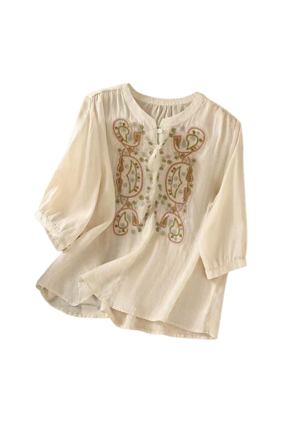 Womens Business Casual Tops Round Neck Retro Disc Buckle Literary Embroidery Half Open Y2K Tops,Beige,L