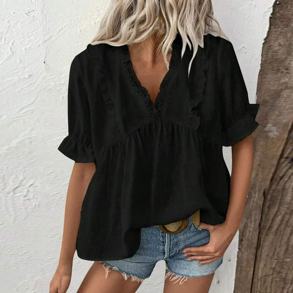 Womens Business Casual Tops Ruffle Short Sleeve V Neck Flowy Dressy Summer Blouses Shirts Black XL