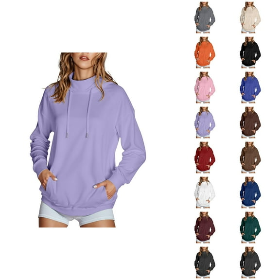 Womens Business Casual Tops Women's Solid Sweatshirt 2025 Women's Solid Color High Collar Hoodie With Side Pockets Non Velvet