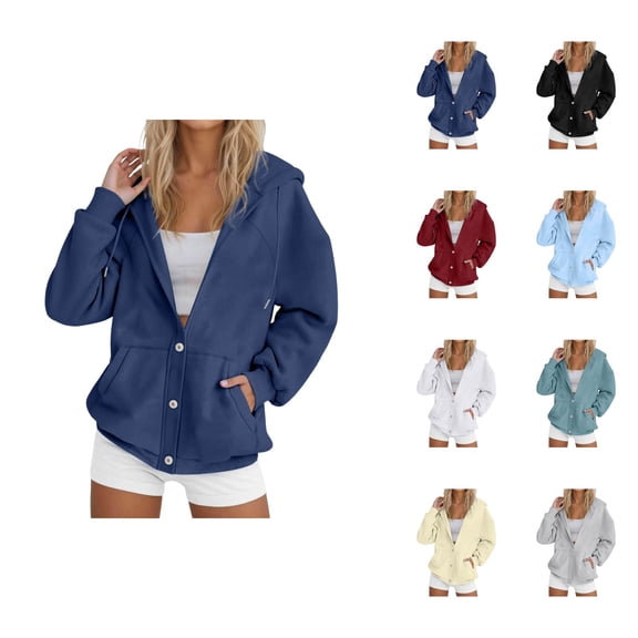 Womens Business Casual Tops Women's Solid Sweatshirt Women's Zip Up Hoodie Casual Button Front Jacket Soft Warm Winter Outerwear Cozy Pullover Sweatshirt For Everyday Wear