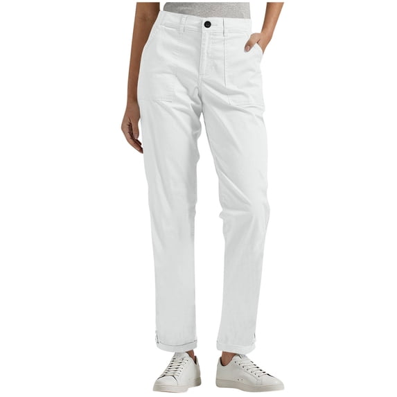 Womens Business Casual Work Pants - Casual Flat Front Elastic Back Cargo Pants with 4 Pockets - Solid Color Straight Leg Long Trousers, White, XL