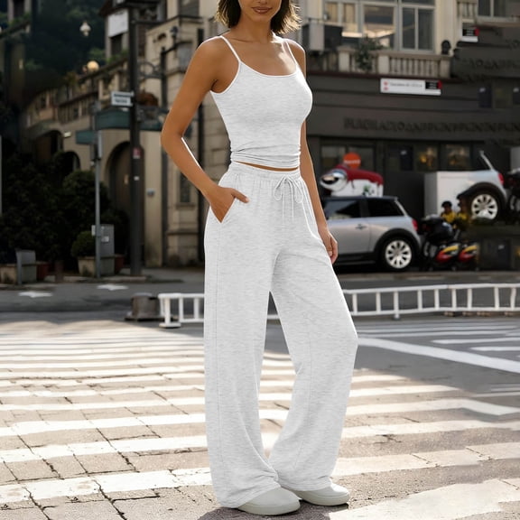 Womens Business Suit Women Basic 2 Piece Outfits Spaghetti Strap Cami Tops and Drawstring Wide Leg Pants Matching Loungewear Set for Summer Casual Gray L