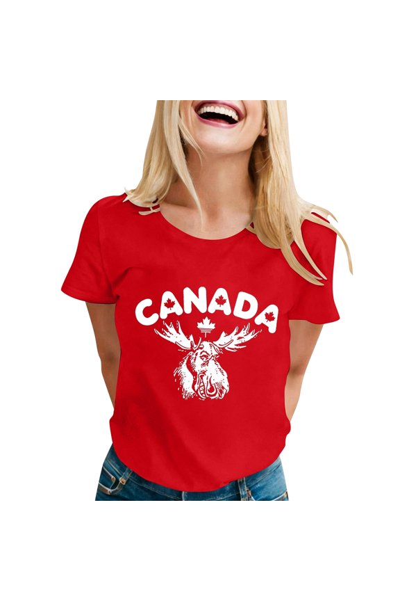 Womens Business Tops Canadian Short Sleeve Crewneck Maple Leaf Print Tees for Girls,Red,S