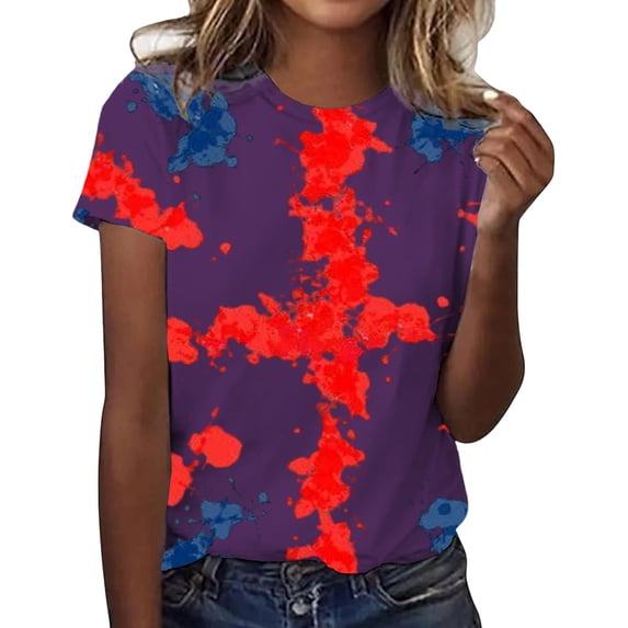 Womens Business Tops Graphic Print Short Sleeve Round Neck Crop Tops for Women,Purple,L
