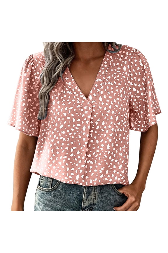 Womens Business Tops Leopard Print Collar V Neck Button Down Womens formal Shirts,Light Pink,S