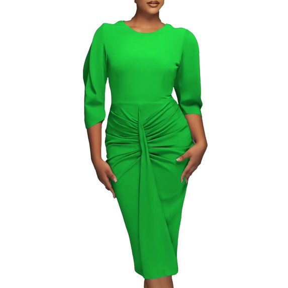 Womens Business Work Office Crew Neck Pencil Dress Elegant Ruched Long Dress