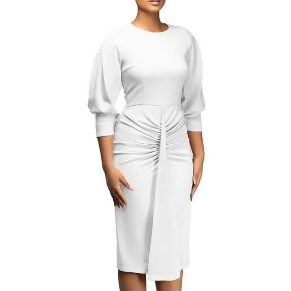 Womens Business Work Office Crew Neck Pencil Dress Elegant Ruched Long Dress