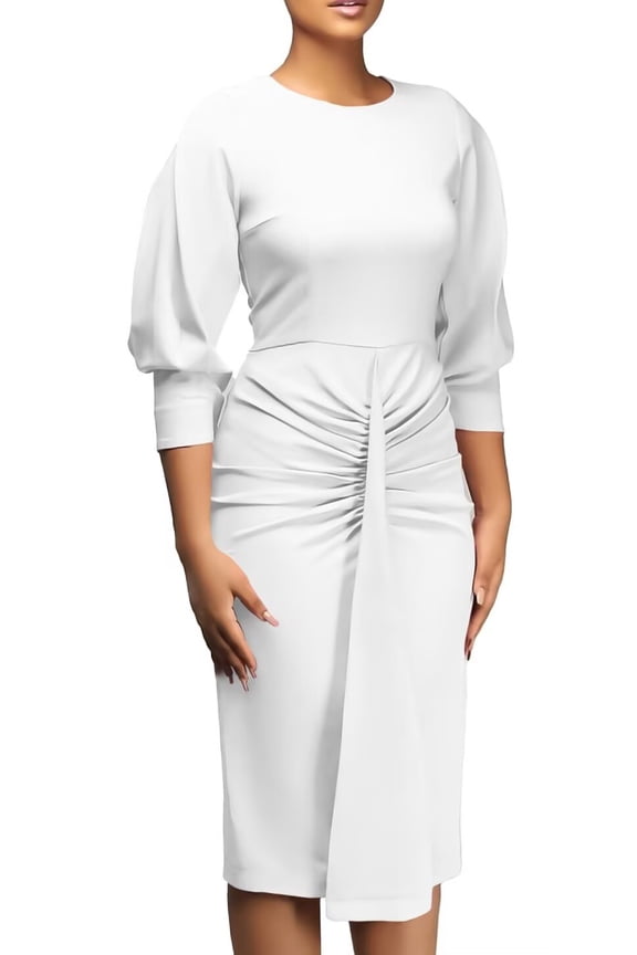 Womens Business Work Office Crew Neck Pencil Dress Elegant Ruched Long Dress