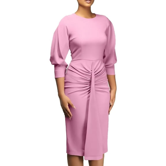 Womens Business Work Office Crew Neck Pencil Dress Elegant Ruched Long Dress