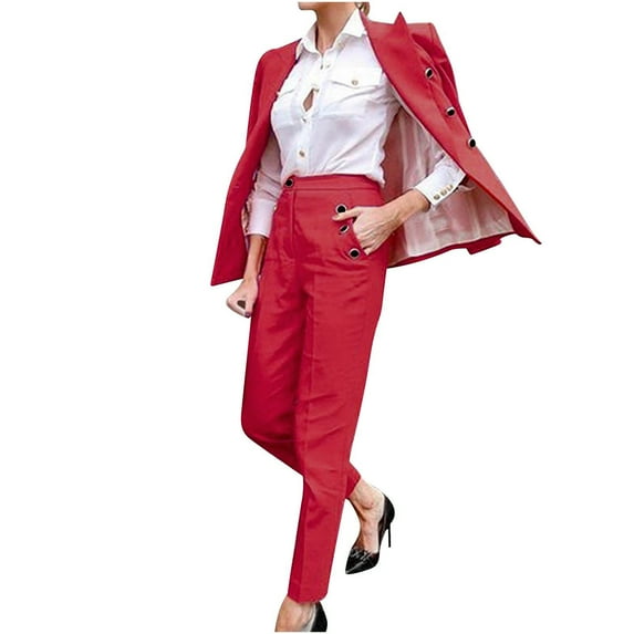 Womens Business Work Suit Set Long Sleeve Double Breasted Blazer with Straight Suit Pants Basic Office Formal Suit Sets