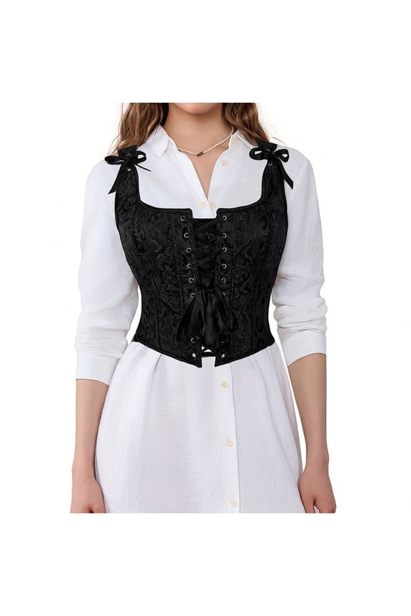 Womens Bustier Corsets Renaissance Vintage Lace Up Overbust Corset Tops Pirate Bodyshaper Waist Cincher Bodice Black, M