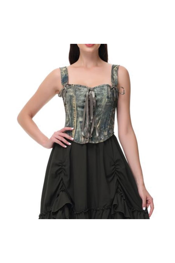Womens Bustier Corsets Renaissance Vintage Lace Up Overbust Corset Tops Pirate Bodyshaper Waist Cincher Bodice Green, L