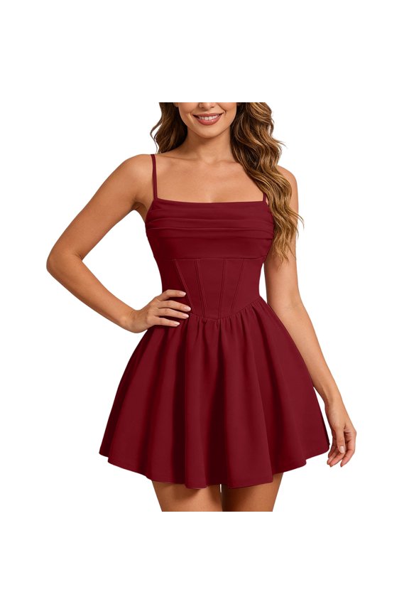 Womens Bustier Dress Ruffle Spaghetti Straps Bodycon Flared Skater Slip Casual Wine M