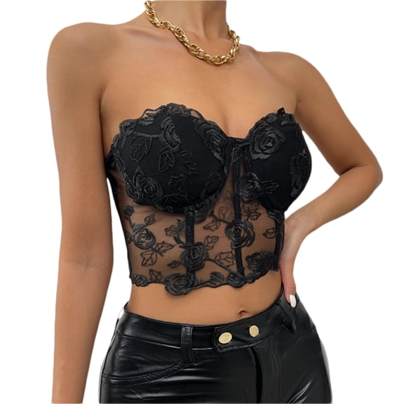 Womens Bustier Tube Tops Embroidery Flower See Through Off Shoulder Tank Tops for Daily Club Party
