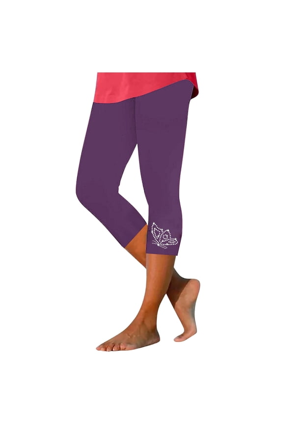 Womens Butterfly Capris Leggings Rhinestone Athletic Cropped Legging Running Workout Yoga High Waist Capri Pants Purple, 3XL