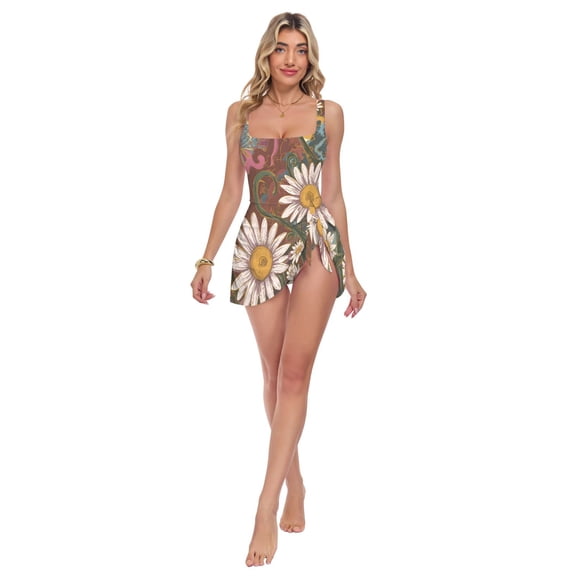 Womens Butterfly Daisy Print 2-in-1 Swim Dress Detachable Skirt One-Piece Swimsuit Square Neck S-XXL