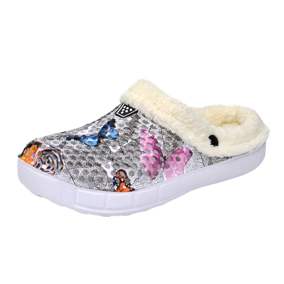 Womens Butterfly Garden Clogs Fuzzy Lined Winter Warm Lightweight Slip on Indoor Outdoor Slippers