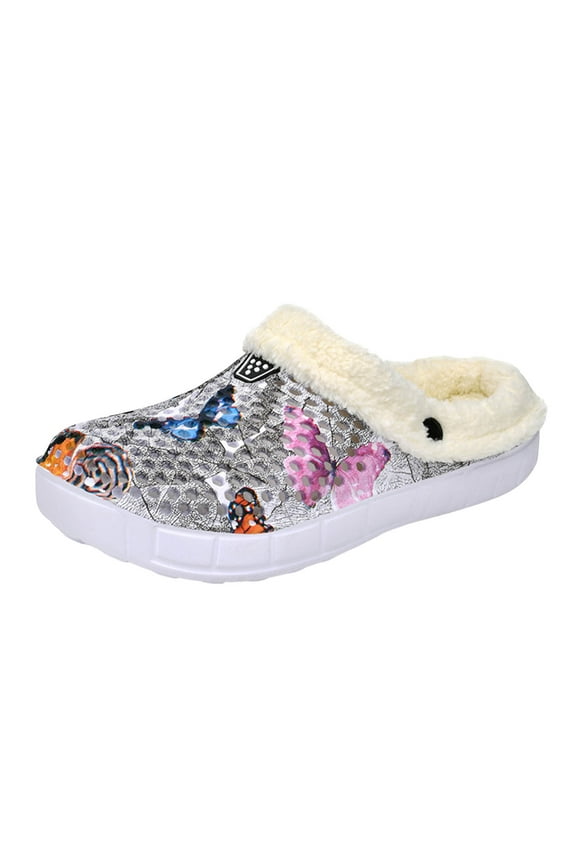 Womens Butterfly Garden Clogs Fuzzy Lined Winter Warm Lightweight Slip on Indoor Outdoor Slippers