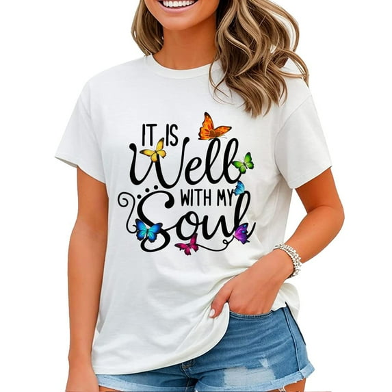 Womens Butterfly Graphic Faith Shirt It Is Well with My Soul T-shirt White 4X-Large