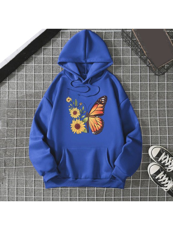 Womens Butterfly Hoodie Sunflower Graphic Sweatshirts Long Sleeve Drawstring Hood Kangaroo Pocket Pullover Top Blue M
