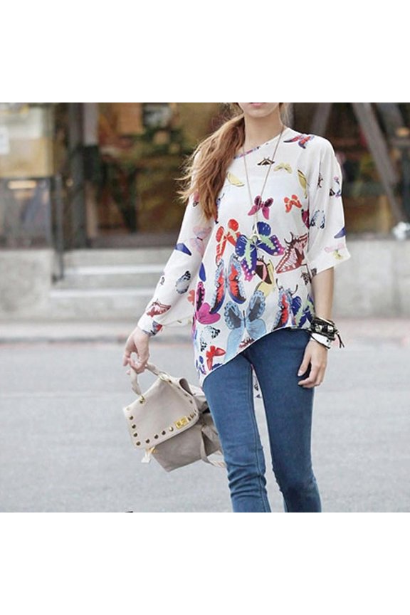 Womens Butterfly Print Loose Chiffon Breezy Top