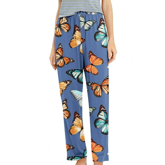 Womens Butterfly Printed Pajama Pants Casual Elastic Waist Soft Pjs Bottom Comfy Lounge Pants with Pockets