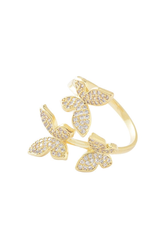 Womens Butterfly Ring Gold Plated Copper Gemstone Floral Design Jewelry Elegant Statement Accessory Korean Style