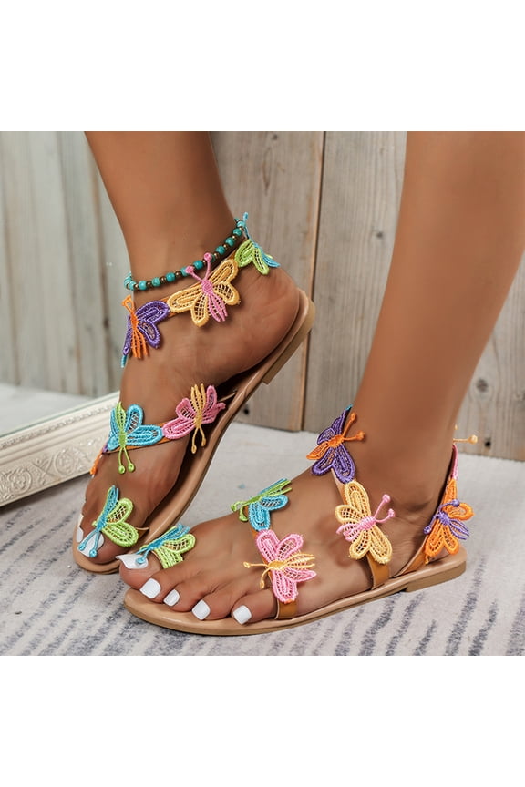 Womens Butterfly Sandals Colorful Toe Ring Flats Boho Beach Footwear,Comfortable Lightweight Strappy Lace Design For Summer Vacation,Non Slip Flexible Soft Quiet Sole Silent Walking Travel