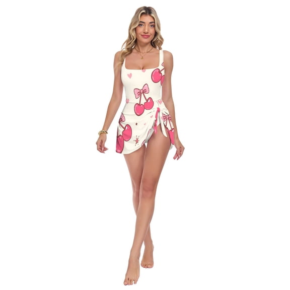 Womens Butterfly and Butterfly Print 2-in-1 Swim Dress Detachable Skirt One-Piece Swimsuit Square Neck S-XXL